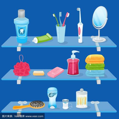 个人卫生用品.矢量插图.浴室玻璃架子上有肥皂,牙刷,牙膏和手巾